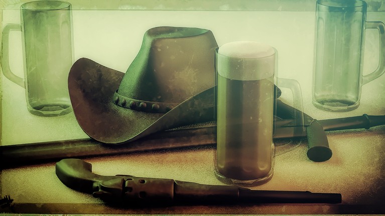 Artistic illustration of a cowboy hat on a bar with a pint of beer, an old pistol and a sword