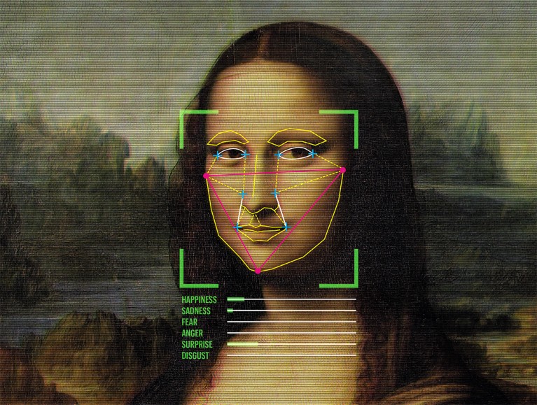 Illustration of digital emotional analysis on the face of the Mona Lisa painting