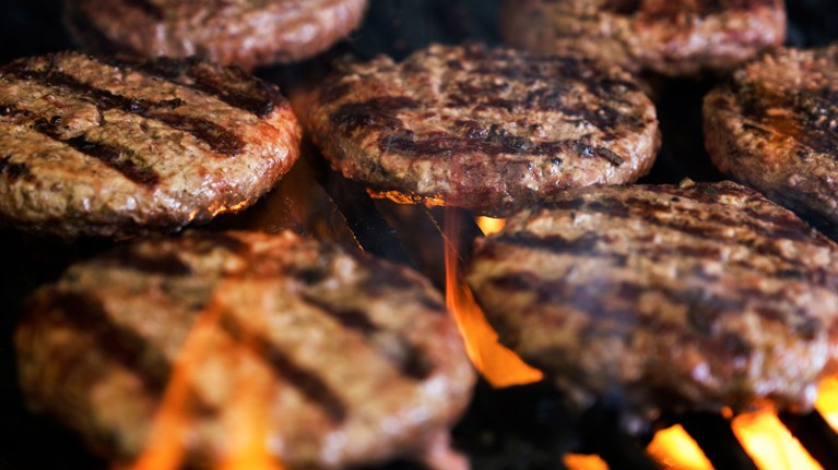 Hamburgers on barbeque grill.