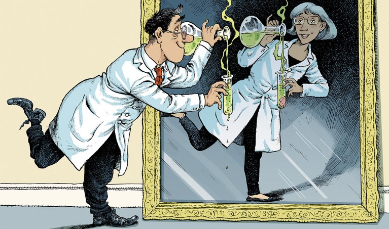 Cartoon of a scientist pouring liquid into a leaking test tube while anther does the same experiment without the flaw.