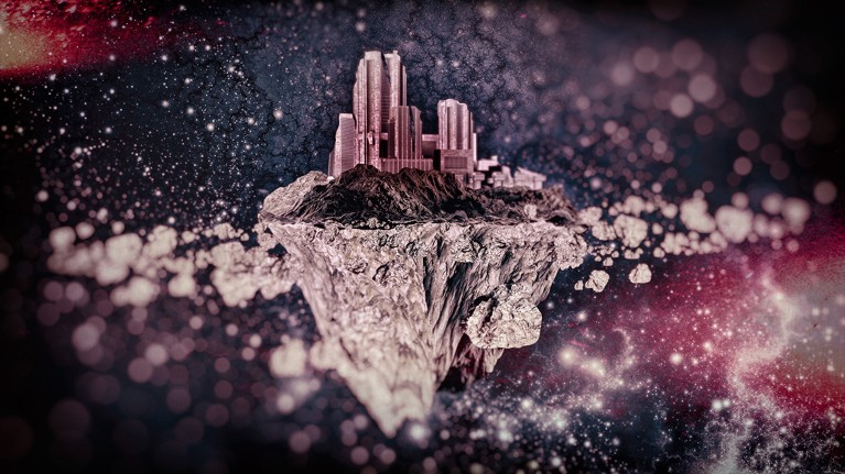 Artistic image of a skyscraper floating in space on a small piece of rock