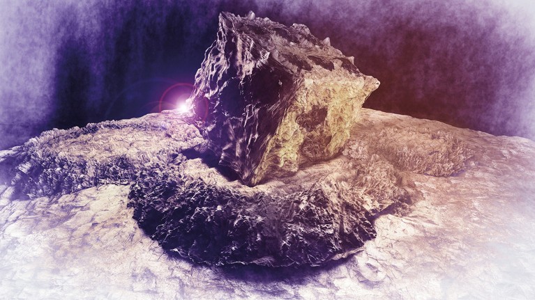 Artistic image of a badly weathered giant die sitting in a Moon crater