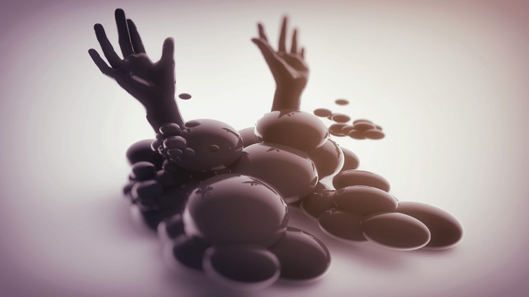 Artistic image of a pair of hands being swamped by black discs
