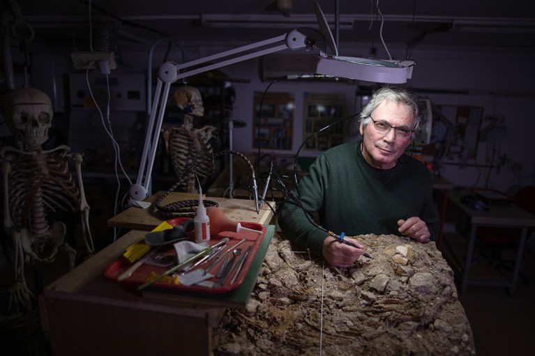 Anthropologist Israel Hershkovitz during excavations in his lab at Tel Aviv University