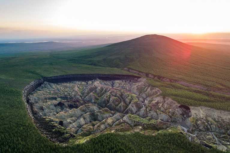 Landscape view of the of the huge Batagaika crater in Siberia formed by melting permafrost
