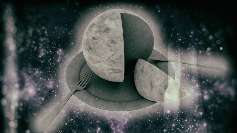 一个灰色星球的艺术形象，它坐在一个盘子上，周围是餐具