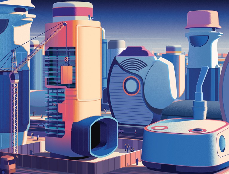 An illustrated landscape made up of devices for delivering inhaled medication