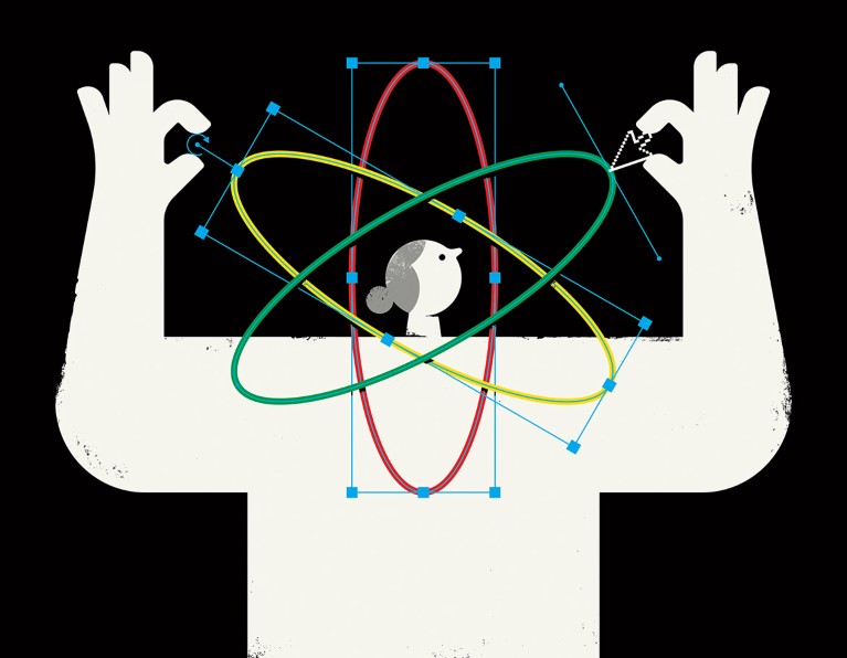 Cartoon showing person interacting with digital lines to form an atomic shape