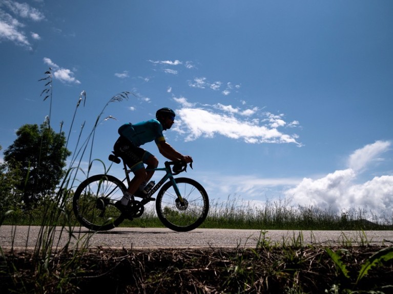 Astana cycling team Italian rider Fabio Felline rides his bicycle in Piedmont.