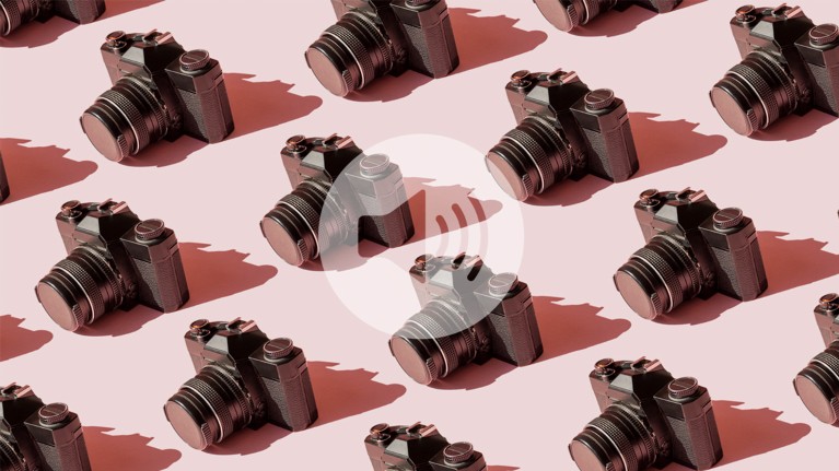 Repeating pattern of old cameras on a pink background with an overlaid audio icon