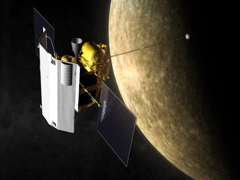 Artist depiction of the MESSENGER spacecraft in orbit around Mercury.