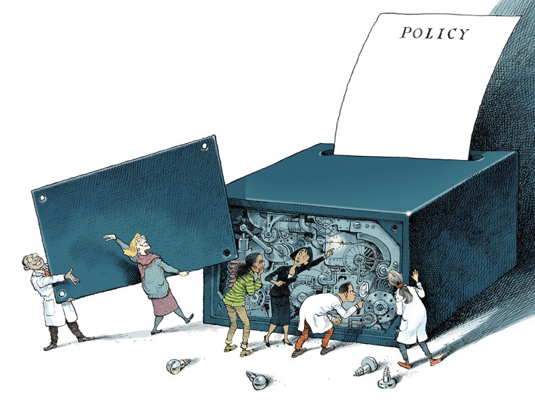 Cartoon of scientists and policymakers inspecting the inside of a black box that is outputting a policy document