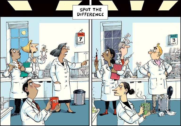 Cartoon of a spot-the-difference game showing two lab scenes that are similar but with obvious differences