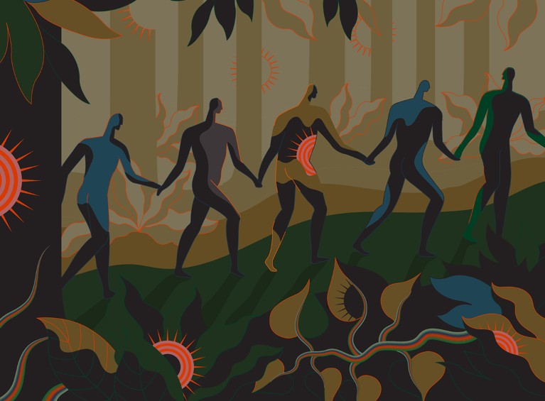 Illustration of a line of people walking through a jungle that is filled with Sars-CoV-2 virus.