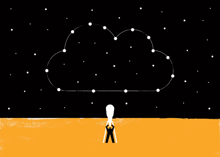 Cartoon of a person looking through a telescope at a night sky with a cloud shape made up of stars