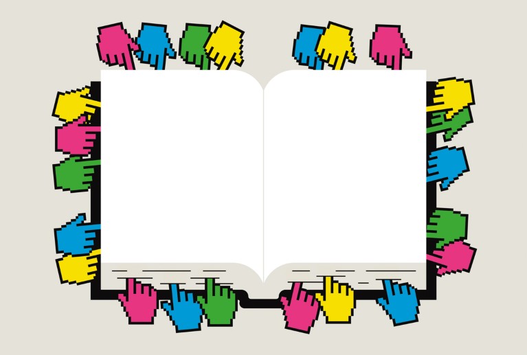 Conceptual illustration showing digital bookmarks placed in a book.