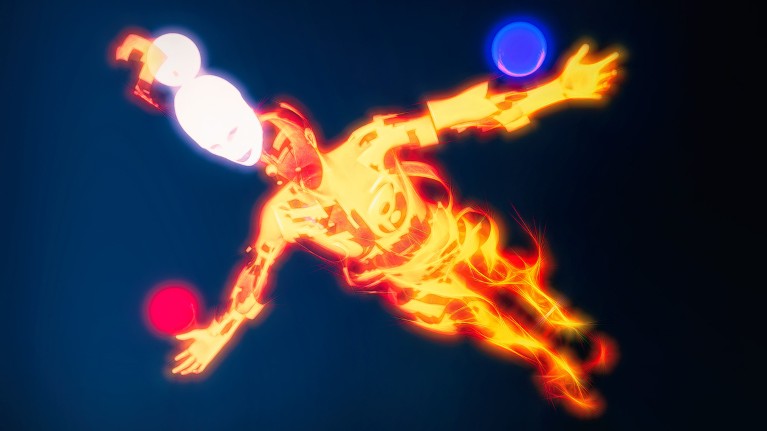 A fiery humanoid figure floats in the sky