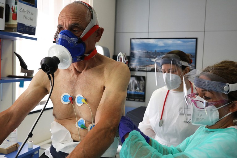 A recovered Coronavirus patient is monitored by a medical staff at the Department of Rehabilitative Cardiology of ASL 3 Genova