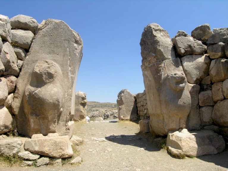 A gate made of stone, with two giant lion statues.