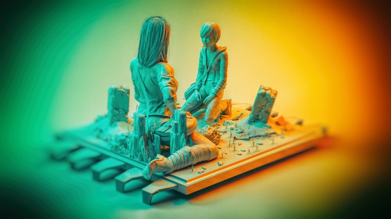 A mother and child kneel facing each other on the surface of a computer chip