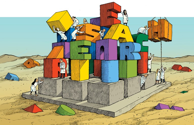 Cartoon of researchers building a tower of blocks that spell RESEARCH' on a foundation of 9 cubes in a sandy desert.