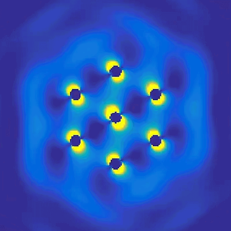 Seven-particle optical matter gear. This video shows a simulation of a seven-particle optical matter gear.