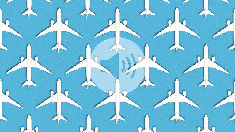 Repeating pattern of white aeroplanes on a blue background with a speaker icon in a circle overlaid