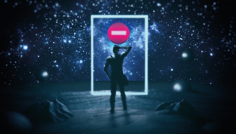 A lone figure stands in front of a space portal that is showing a "no entry" sign