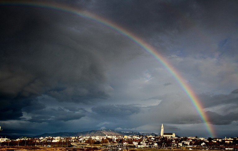 A rainbow over Reykjavik as seen from the deCODE genetics facility