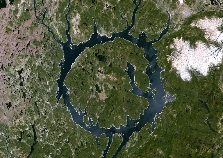 True colour satellite image of Manicouagan Reservoir (also Lake Manicouagan), an annular lake in northern Quebec, Canada