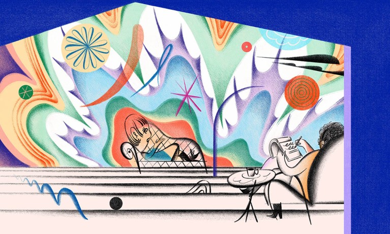 Cartoon showing a patient on couch with a therapist taking notes and a vivid coloured background.