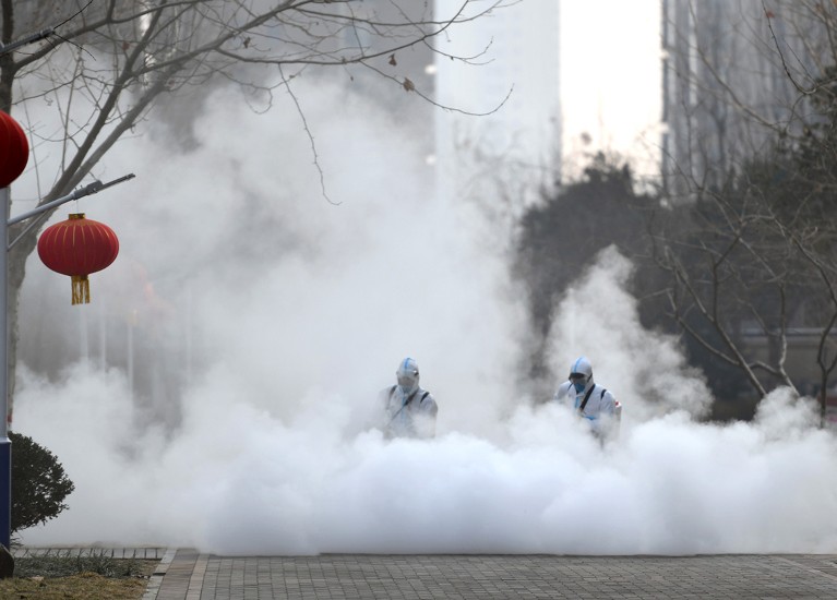 Workers disinfect a residential community on the street in Hebei Province of China