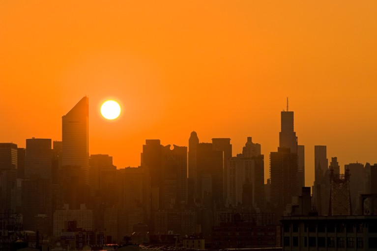 Skyline of Midtown Manhattan at sunset.