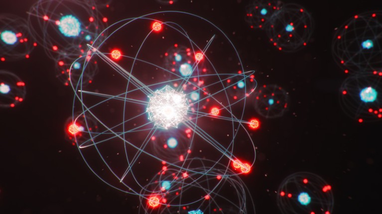 3D illustration of atomic structure, with red electrons orbiting blue and white nuclei.