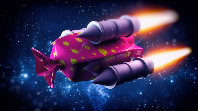 A giant sweet in a pink wrapper with jet engines flies through space