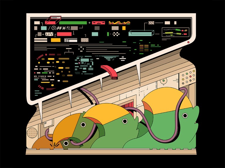 卡通的电脑鹦鹉插在电脑上，有一个语音气泡，显示数字单词的表现。