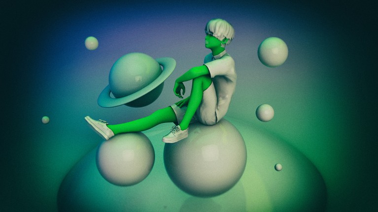 A boy with green skin sits in t-shirt and shorts on a planet amid the solar system