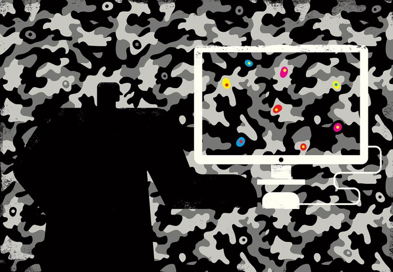 A cartoon human figure uses a computer to pick out cells in colour hidden within a camouflage pattern