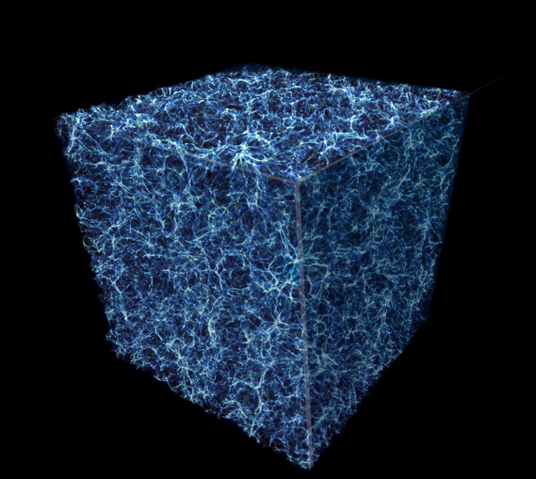 A cube filled with bright blue-white filaments, on a black background.