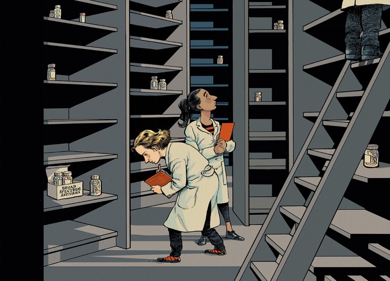 Cartoon showing scientists in a bare storeroom containing just a few scattered bottles of antiviral drugs.