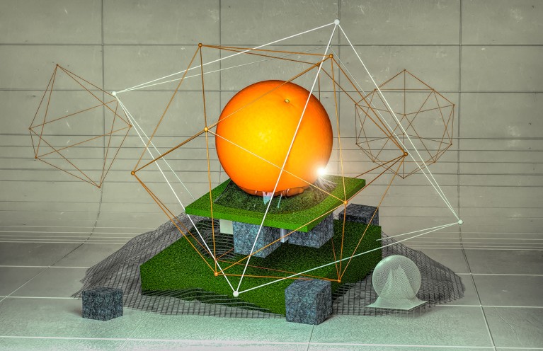 An orange sits on top of a green platform, that itself sits on blocks and another platform, all surrounded by geometric shapes