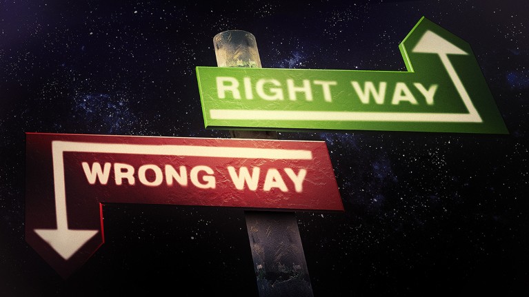 A sign post with two signs. A green one points up and says "right way", a red one points down and says "wrong way"