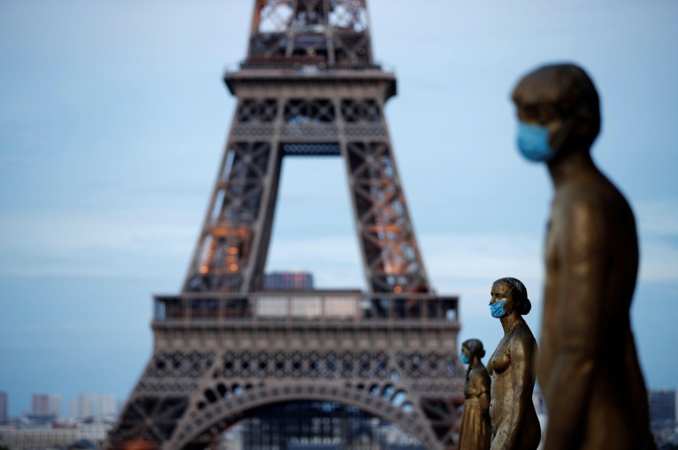 Golden Statues at the Trocadero square near the Eiffel tower wear protective masks