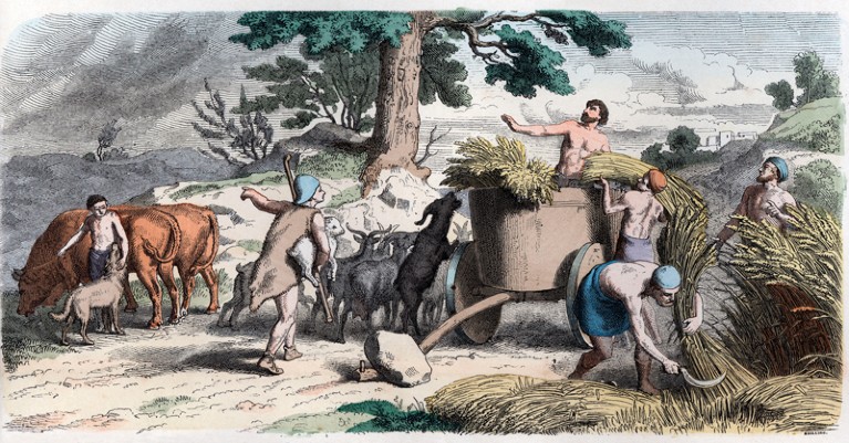 An illustration of farm labourers working in ancient Greece.