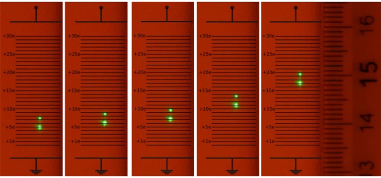 Visibly quantized steps of a levitated droplet as it gains electrons