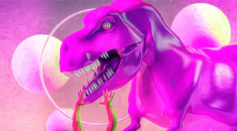 A small pair of human hands reaches up to the mouth of a large pink T rex
