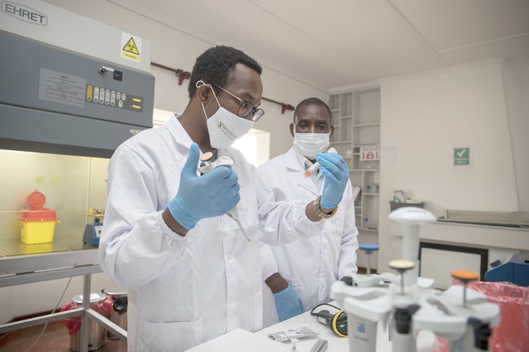 Brighton Samatanga, director and founder of the Biotech Institute Zimbabwe, working in his lab with a colleague in Harare