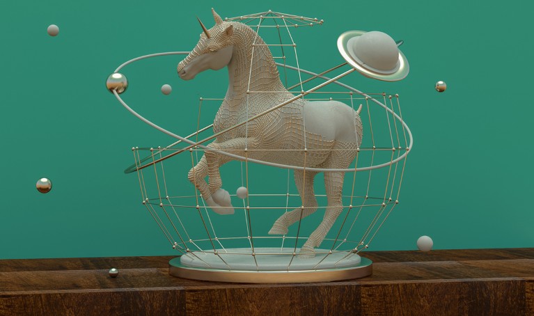 A silver figurine of a unicorn sits in metal globe on a mantlepiece