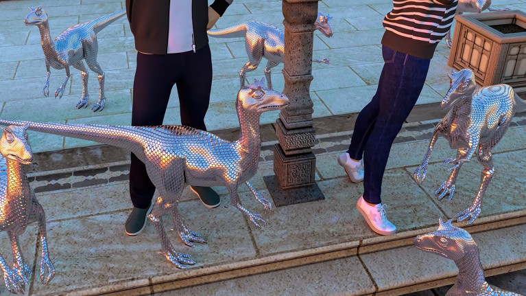 Small bipedal dinosaurs made of a metallic substance walk around the feet of humans on paving stones