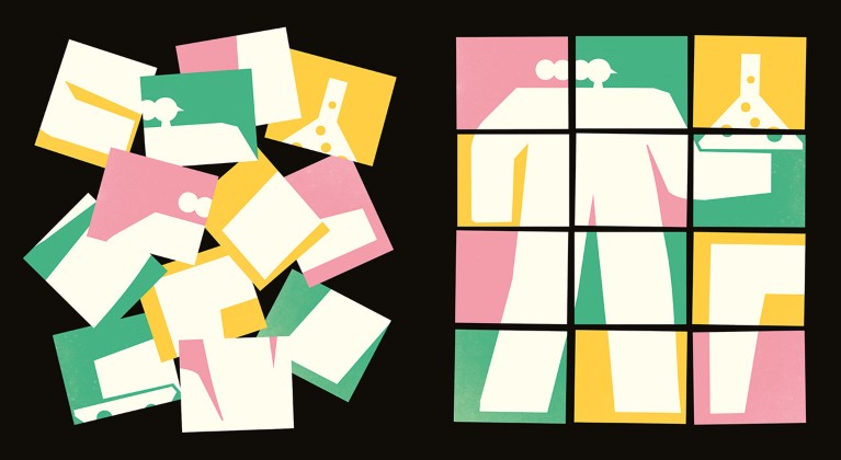 Cartoon showing a jumbled pile of sticky notes next to the same sticky notes arranged to form an image of a scientist in a lab